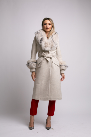 Palton bej din lână cu blană detașabilă la guler și mâneci [3]