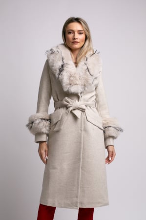 VEZI TOATE - Palton bej din lână cu blană detașabilă la guler și mâneci