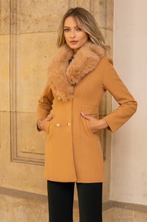 PALTOANE, GECI ȘI VESTE - Palton Lumi camel cu blană detașabilă la guler