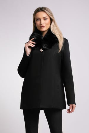 VEZI TOATE REDUCERILE - Palton negru mărime mare accesorizat cu blană detașabilă la guler