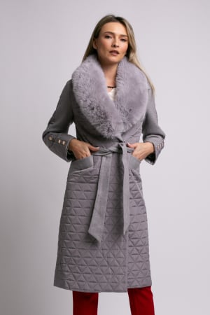 VEZI TOATE - Geacă Sena gri din fâș cu guler detașabil din blană