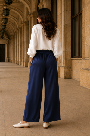 Pantalon largi bleumarin din vâscoză și mătase [1]