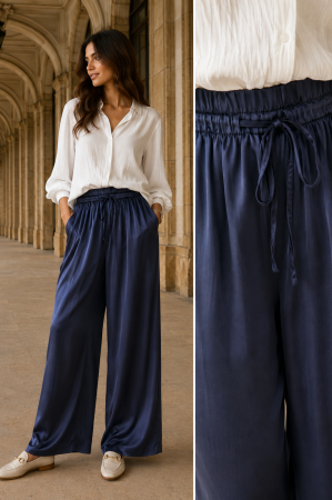 COLECȚIE NOUĂ - Pantalon largi bleumarin din vâscoză și mătase