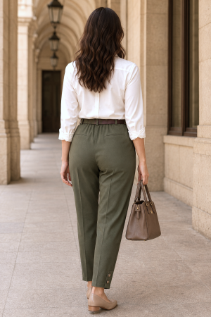 Pantaloni office verde-kaki din stofă cu curea și elastic în talie [2]