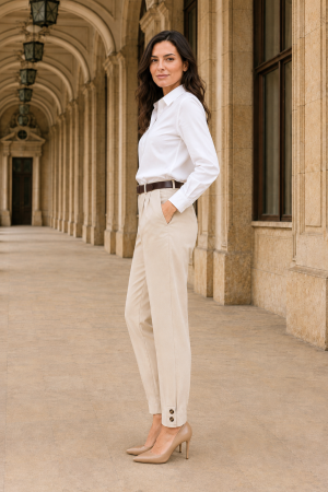 Pantaloni office bej din stofă cu curea și elastic în talie [1]