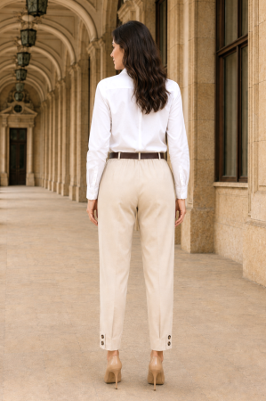 Pantaloni office bej din stofă cu curea și elastic în talie [3]