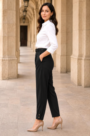 Pantaloni office negrii din stofă cu curea și elastic în talie [1]
