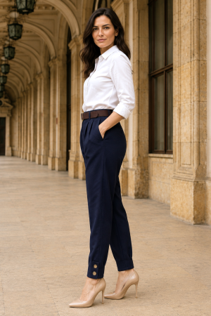 Pantaloni office bleumarin din stofă cu curea și elastic în talie [1]