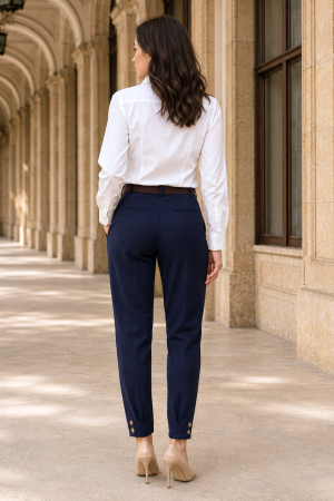 Pantaloni office bleumarin din stofă cu curea și elastic în talie [2]