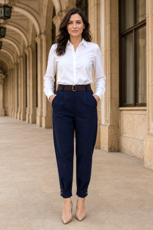 Pantaloni office bleumarin din stofă cu curea și elastic în talie [3]