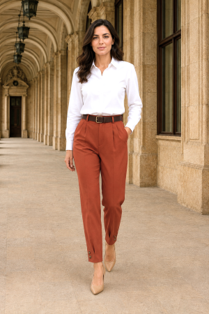 Pantaloni office cărămiziu din stofă cu curea și elastic în talie [2]