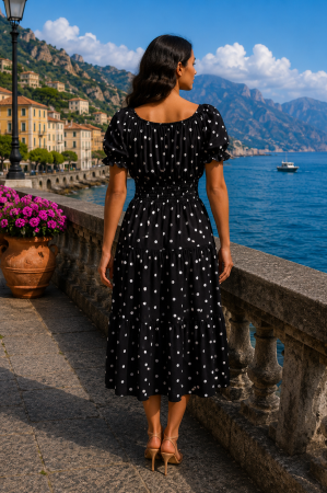 Rochie midi neagră de vară imprimată cu buline [1]