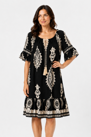 Rochie de vară neagră cu imprimeu bej [3]