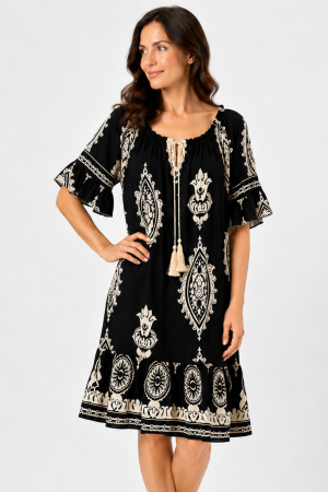Rochie de vară neagră cu imprimeu bej [4]