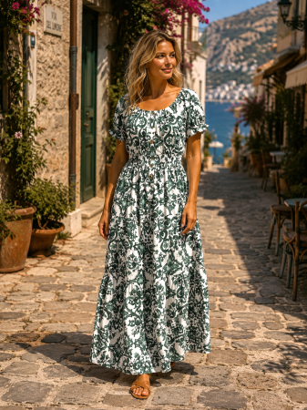 ROCHII MARIMI MARI XXL - Rochie verde lungă de vară cu imprimeu floral