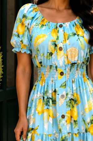 Rochie bleu lungă de vară imprimată cu lămâi [2]