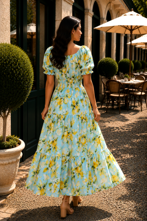 Rochie bleu lungă de vară imprimată cu lămâi [3]