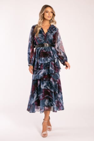 ROCHII ELEGANTE - Rochie Amali albastră din mătase cu volane și curea detașabilă