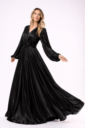 TOATE PRODUSELE - Rochie Amelia neagră lungă accesorizată cu floare în talie