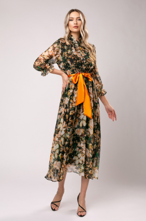 ROCHII DE SEARĂ - Rochie Anabel portocalie din mătase cu imprimeu floral