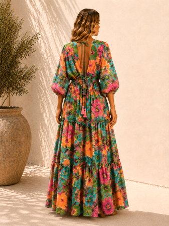 Rochie Boho style lungă din mătase cu decolteu în V [1]