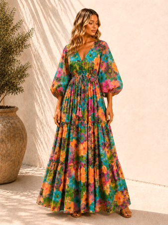 ROCHII MARIMI MARI XXL - Rochie Boho style lungă din mătase cu decolteu în V
