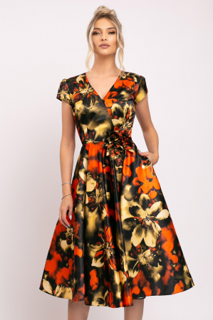 ROCHII ELEGANTE - Rochie Ania portocalie din tafta cu imprimeu floral