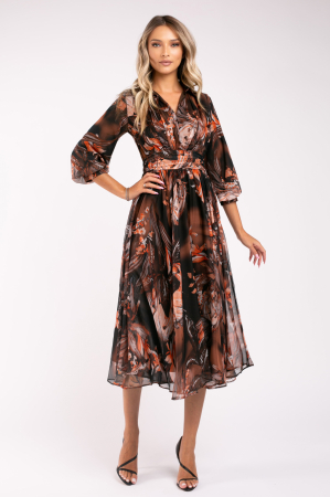 Rochie Armina maro din mătase cu imprimeu floral [1]