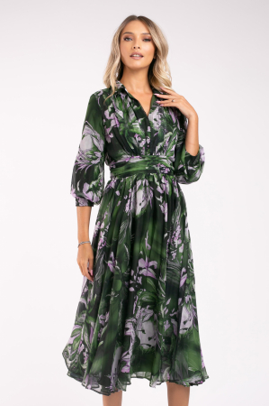 ROCHII ELEGANTE - Rochie Armina verde din mătase cu imprimeu floral