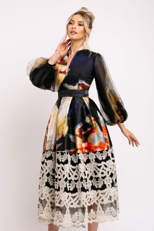ROCHII ELEGANTE - Rochie Beatrice neagră tip chimono din tafta si dantelă