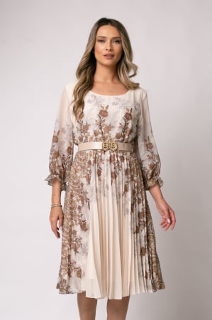 ROCHII CU IMPRIMEU FLORAL - Rochie bej cu imprimeu floral și pliuri pe fustă