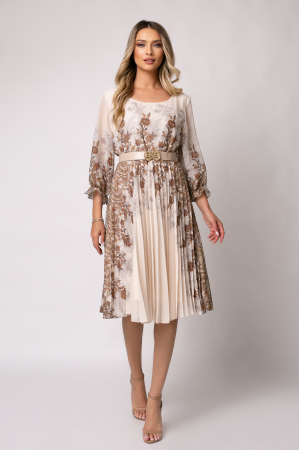 Rochie bej cu imprimeu floral și pliuri pe fustă [5]