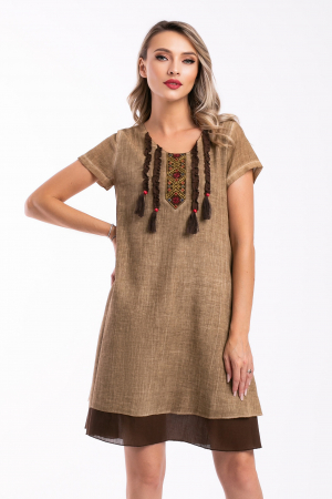 ROCHII DE ZI - Rochie bej din bumbac cu bust accesorizat