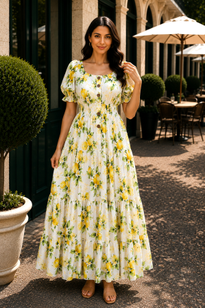 Rochie albă lungă de vară imprimată cu lămâi [2]