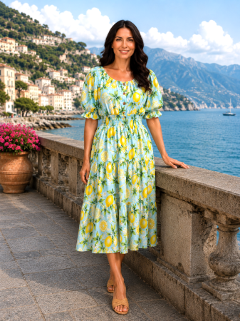 Rochie bleu scurtă de vară imprimată cu lămâi [3]
