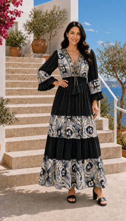 TOATE PRODUSELE - Rochie boho negră din vâscoză cu broderie pe bust