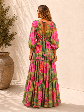 Rochie Boho style lungă din mătase cu decolteu în V [1]