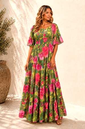 ROCHII MARIMI MARI XXL - Rochie Boho style lungă din mătase cu bust elastic