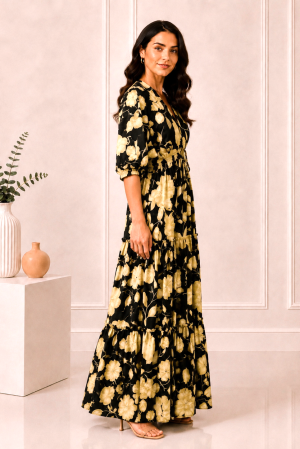 Rochie Boho style lungă din mătase cu decolteu în V [1]