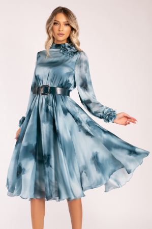 Rochie Brina albastră din mătase accesorizată cu flori 3D [4]