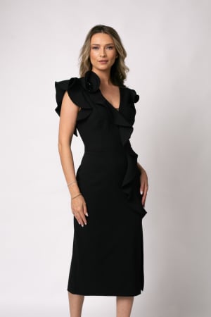 ROCHII DE OCAZIE - Rochie de ocazie neagră cu floare 3D pe umăr