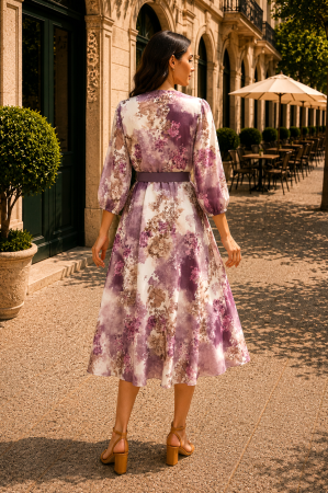 Rochie midi cu imprimeu floral mov și curea in talie [6]