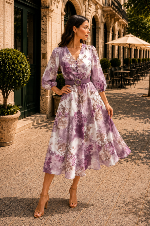Rochie midi cu imprimeu floral mov și curea in talie [1]