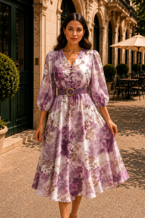 Rochie midi cu imprimeu floral mov și curea in talie [2]