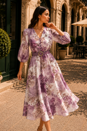 ROCHII DE OCAZIE - Rochie midi cu imprimeu floral mov și curea in talie
