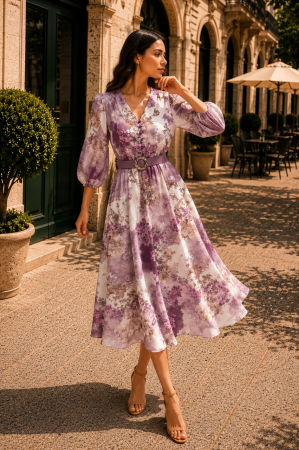 Rochie midi cu imprimeu floral mov și curea in talie [4]