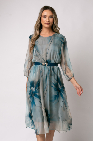 ROCHII CU IMPRIMEU FLORAL - Rochie midi mărime mare cu imprimeu floral albastru degrade