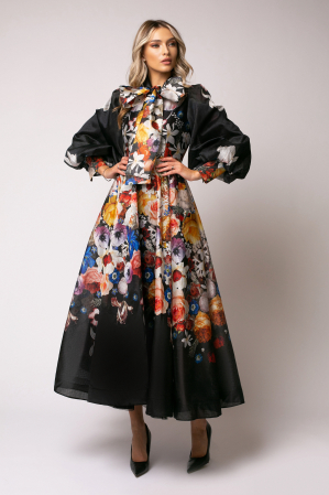 Rochie Crina elegantă cu fundă la gât si mâneci bufante [2]