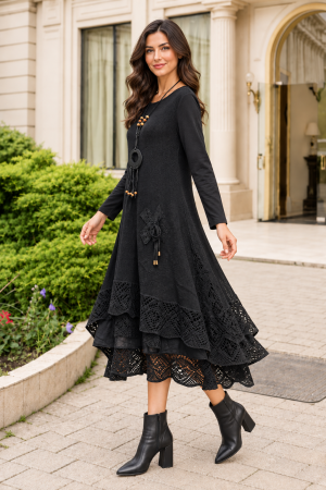 Rochie damă neagră stil boho, croșetată din bumbac și vâscoză [1]