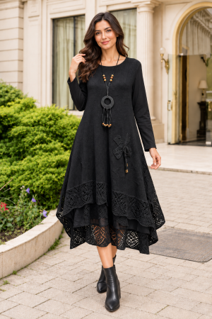 Rochie damă neagră stil boho, croșetată din bumbac și vâscoză [2]